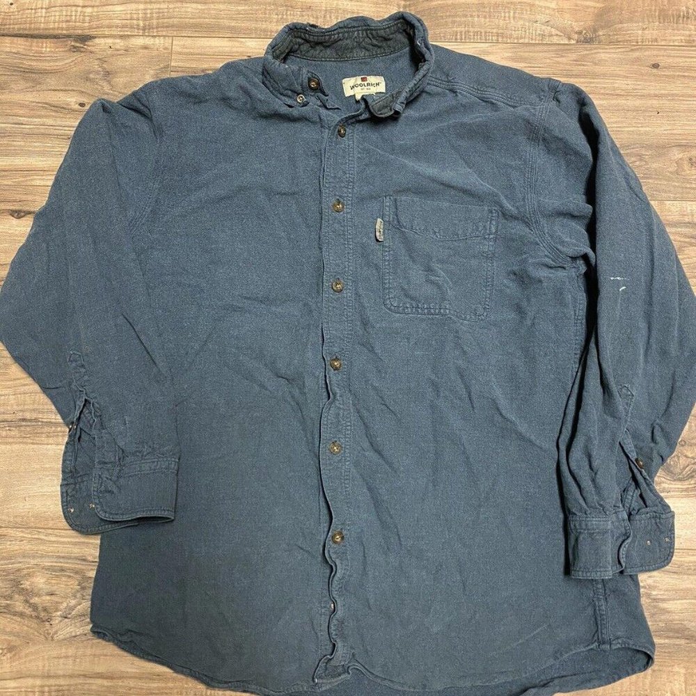Woolrich Flannel Shirt Mens L Blue Heavyweight Cotton Long Sleeve Vintage
